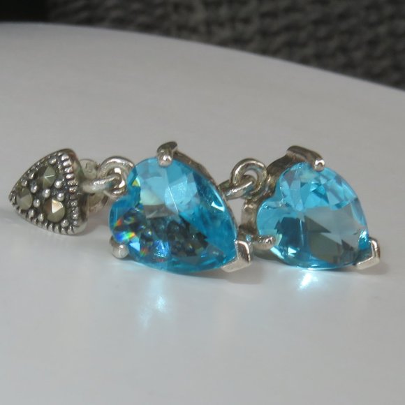 Heart Blue Topaz Sterling Silver Marcasites Post Back Earrings - Picture 4 of 15